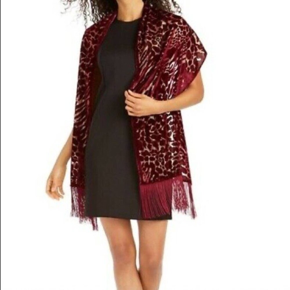 INC Animal Print Velvet Dark Red Gold Embellished Fringe Scarf
